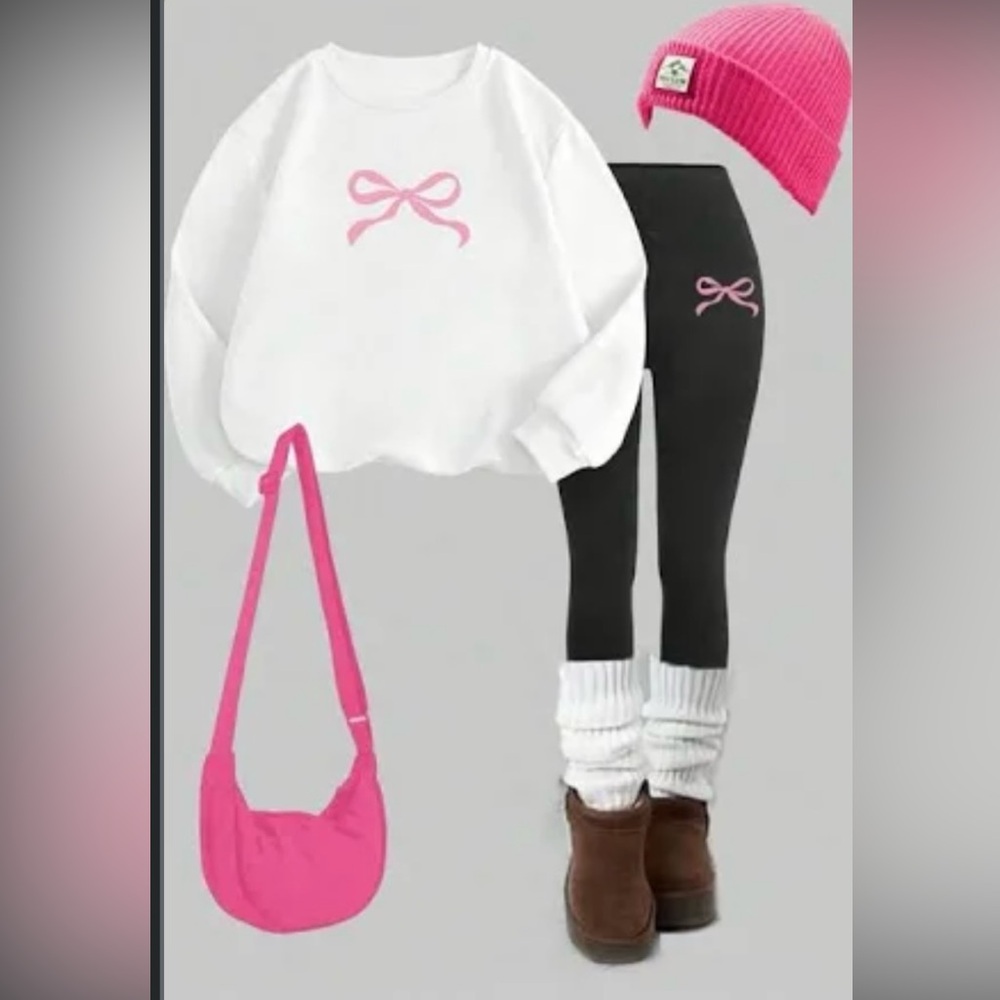 SHEIN M White Pink Bow Graphic Sweatshirt w/ Black Leggings SET
